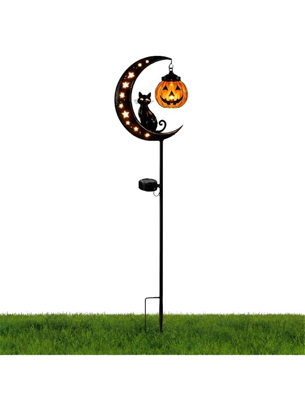 Solar Halloween Black Cat & Pumpkin Moon Garden Stake Light, Jack-o'-Lantern